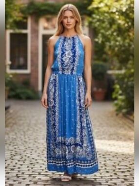 NWT LOFT Boho Border Print Open
Back Midi Dress Blue Floral Pockets XXS US 00